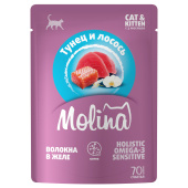 Molina Пауч с Тунцом и Лососем для котят и кошек, волокна в желе, 70 г