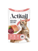Actitail Влажный корм для здоровой кожи и шерсти кошек. Аппетитные кусочки в соусе с лососем и добавлением овощей 75 г