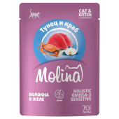 Molina Пауч с Тунцом и Крабом для котят и кошек, волокна в желе, 70 г