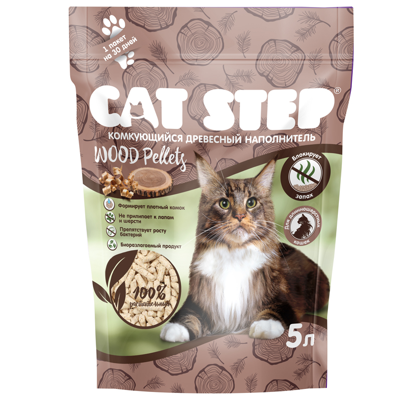 Cat Step Наполнитель комкующийся растительный Wood Pellets 5 л