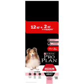 Pro Plan сухой корм для собак средних пород, чувствительная кожа, лосось, рис, 12 кг + 2 кг в подарок