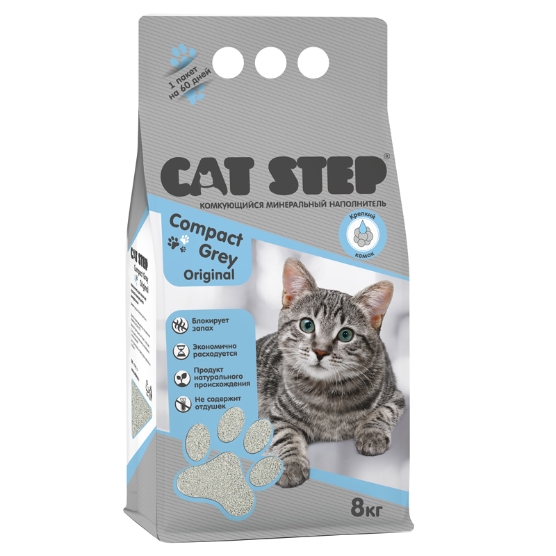 Cat Step Наполнитель комкующийся минеральный Compact Grey Original, 8 кг