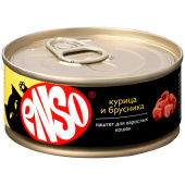 ENSO консервы для взрослых кошек, паштет с курицей и брусникой, 100 г